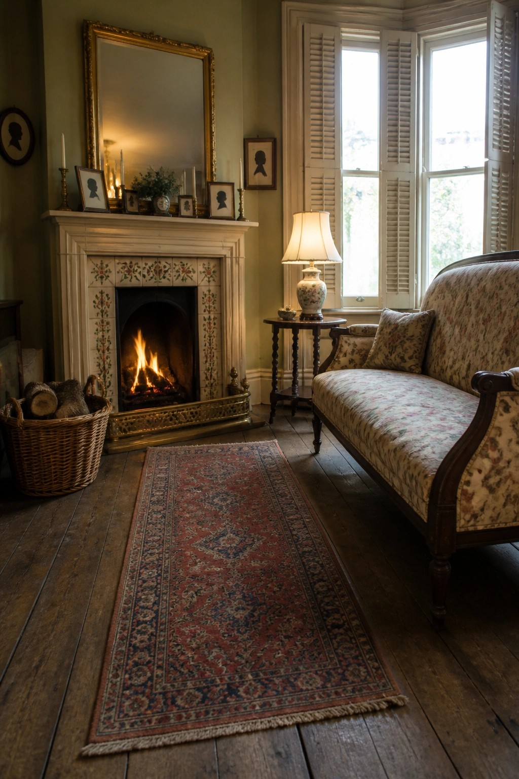 A traditional living room with a wood-burning fireplace set in a white mantel and decorative tiled surround, a basket of logs nearby, and a floral sofa beside shuttered windows.