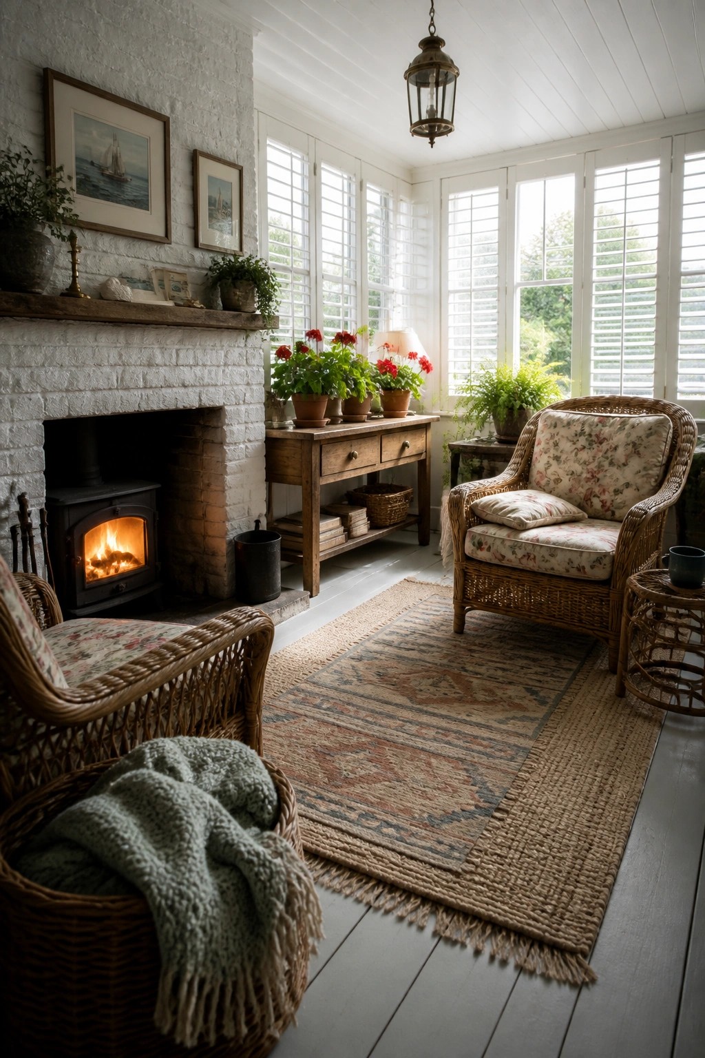 Cozy sunlit room with wicker chairs, brick fireplace, wooden shutters, and patterned rug.