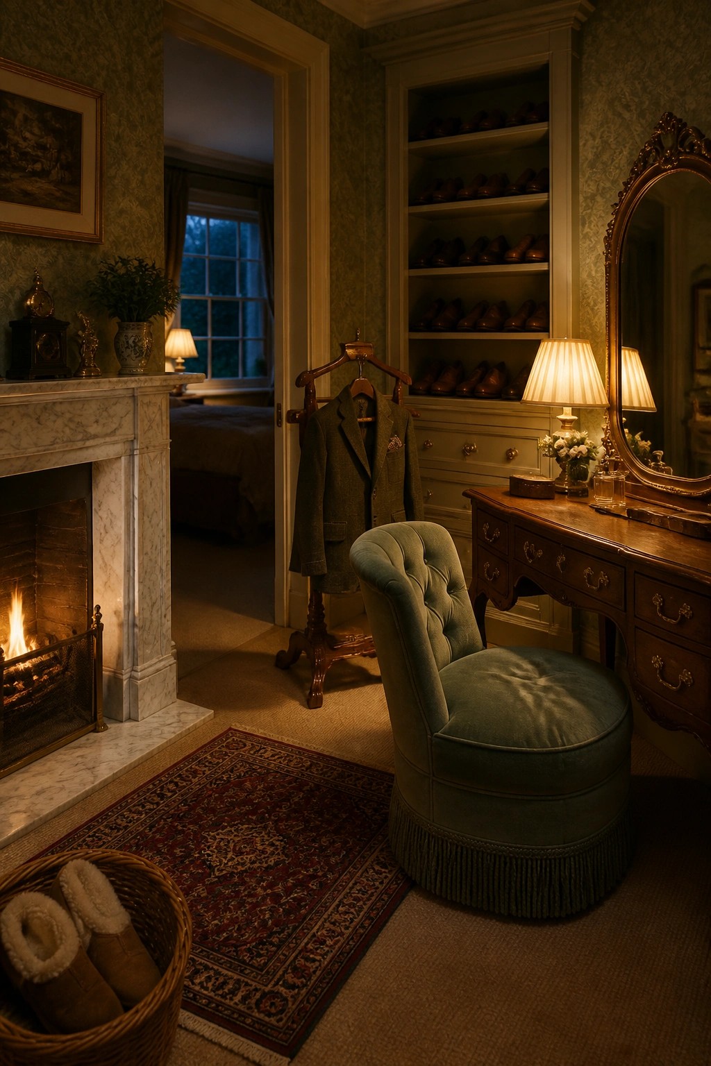 A traditional bedroom interior with a lit wood-burning fireplace set in a marble mantel, green patterned walls, a vanity with mirror, built-in shoe shelves, and a green upholstered chair.