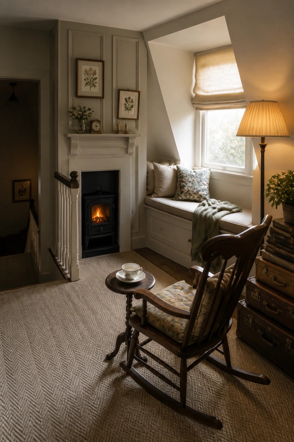 Cozy room with rocking chair, lit fireplace, window seat, and stacked books.
