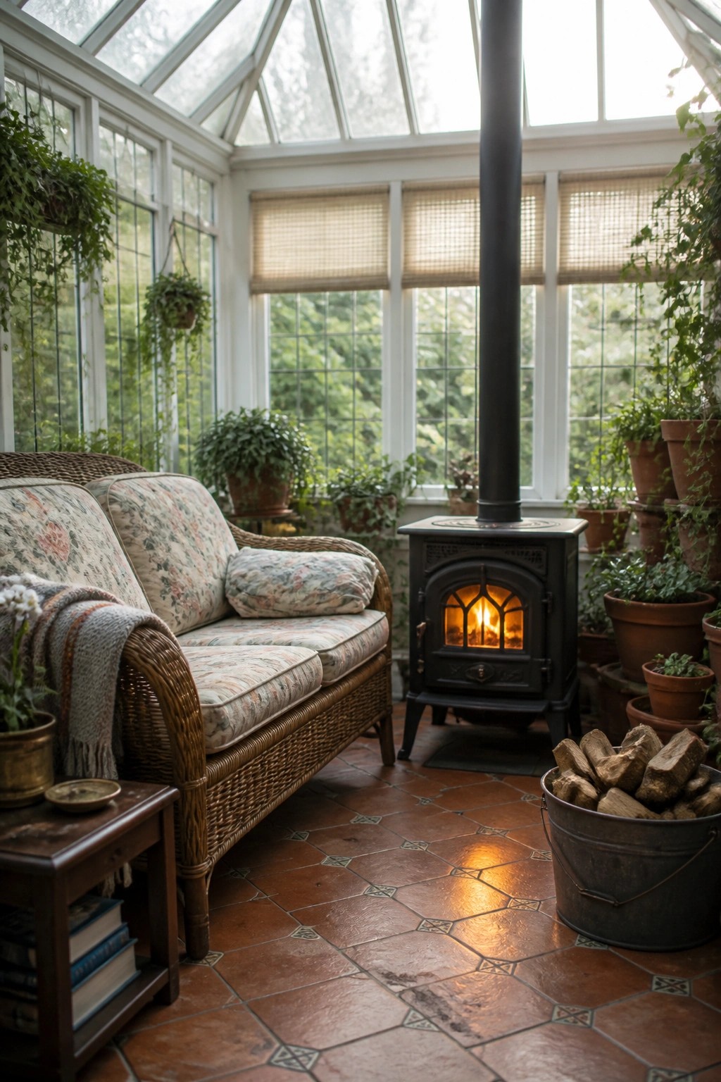 A sunroom interior with a black wood-burning stove, wicker sofa with floral cushions, hanging and potted plants, and terracotta tile floor.