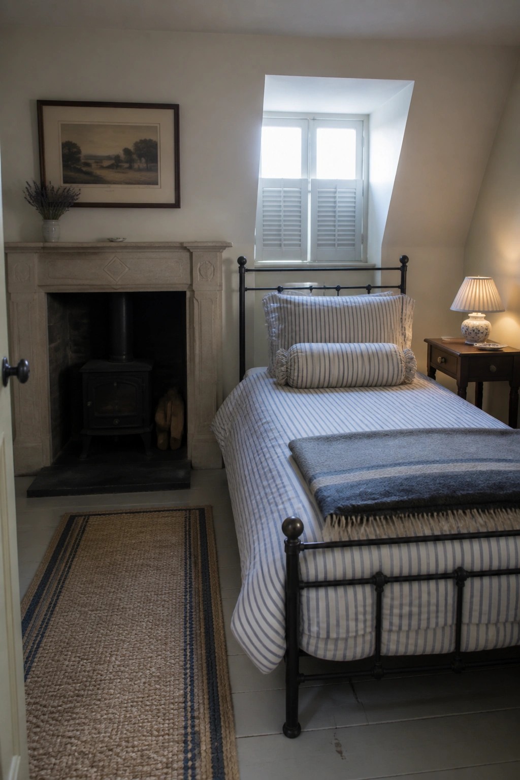 A bedroom interior showing a black cast-iron wood stove inside a stone fireplace surround, with a single bed dressed in blue striped linens positioned beside it.