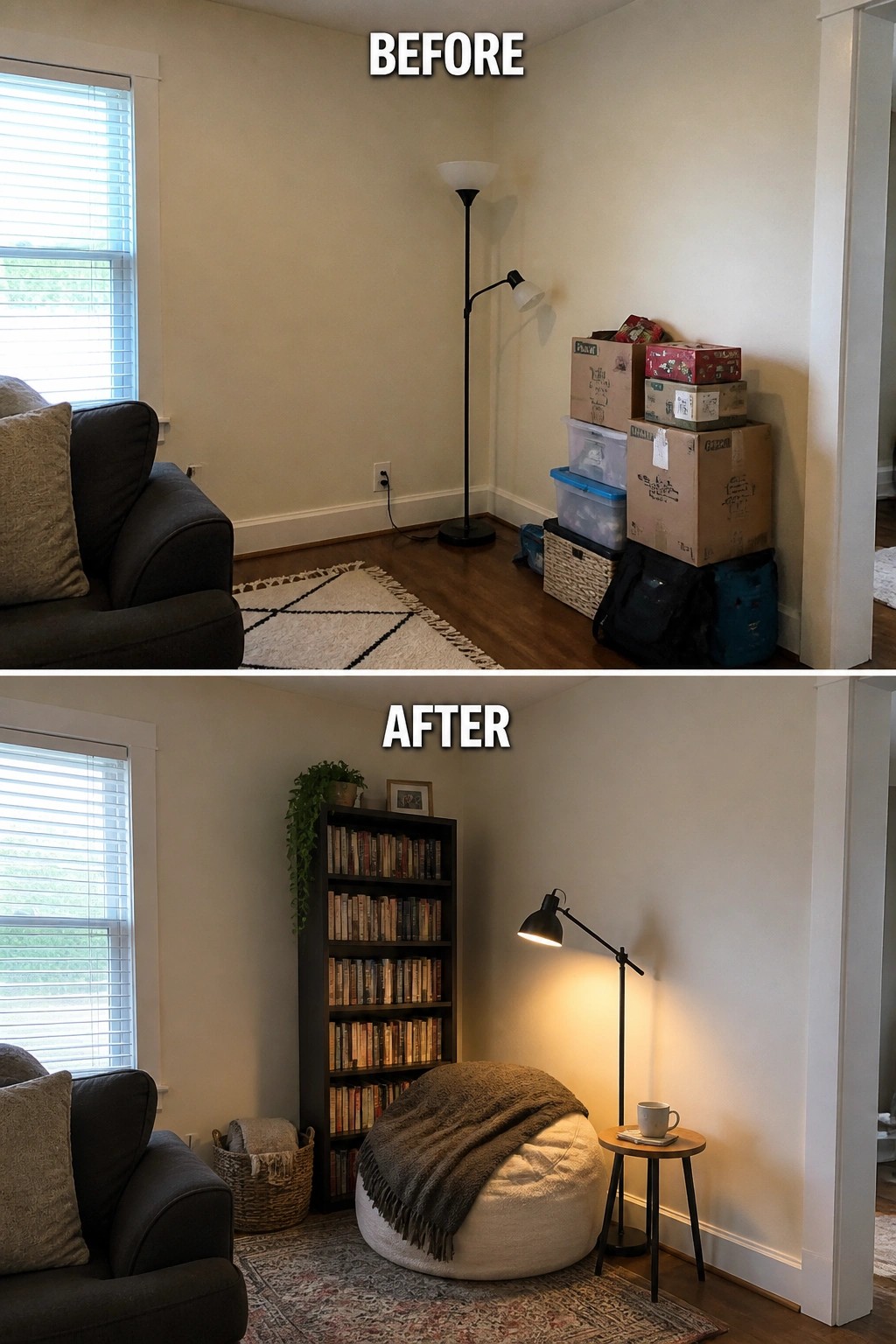 Before-and-after view of cluttered corner with boxes transformed into organized bookshelf and beanbag seating.