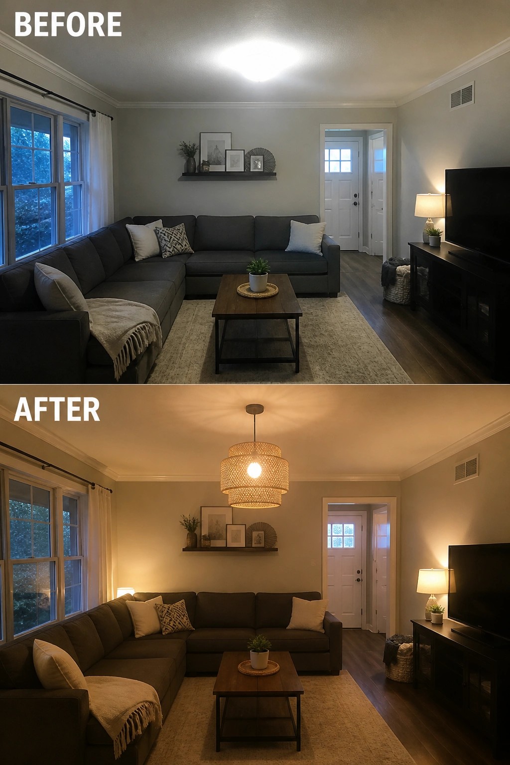Before and after living room with overhead light versus warm pendant and lamps
