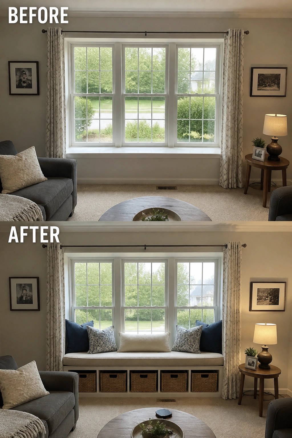 Before and after of living room window with new cushioned bench seat and storage baskets