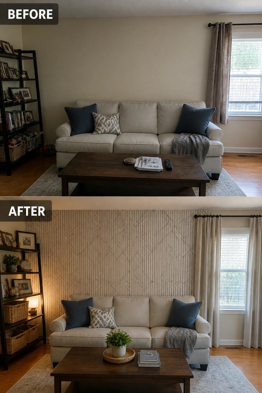 Before-and-after image of a living room with a plain wall transformed by adding a textured wood accent wall behind the sofa.