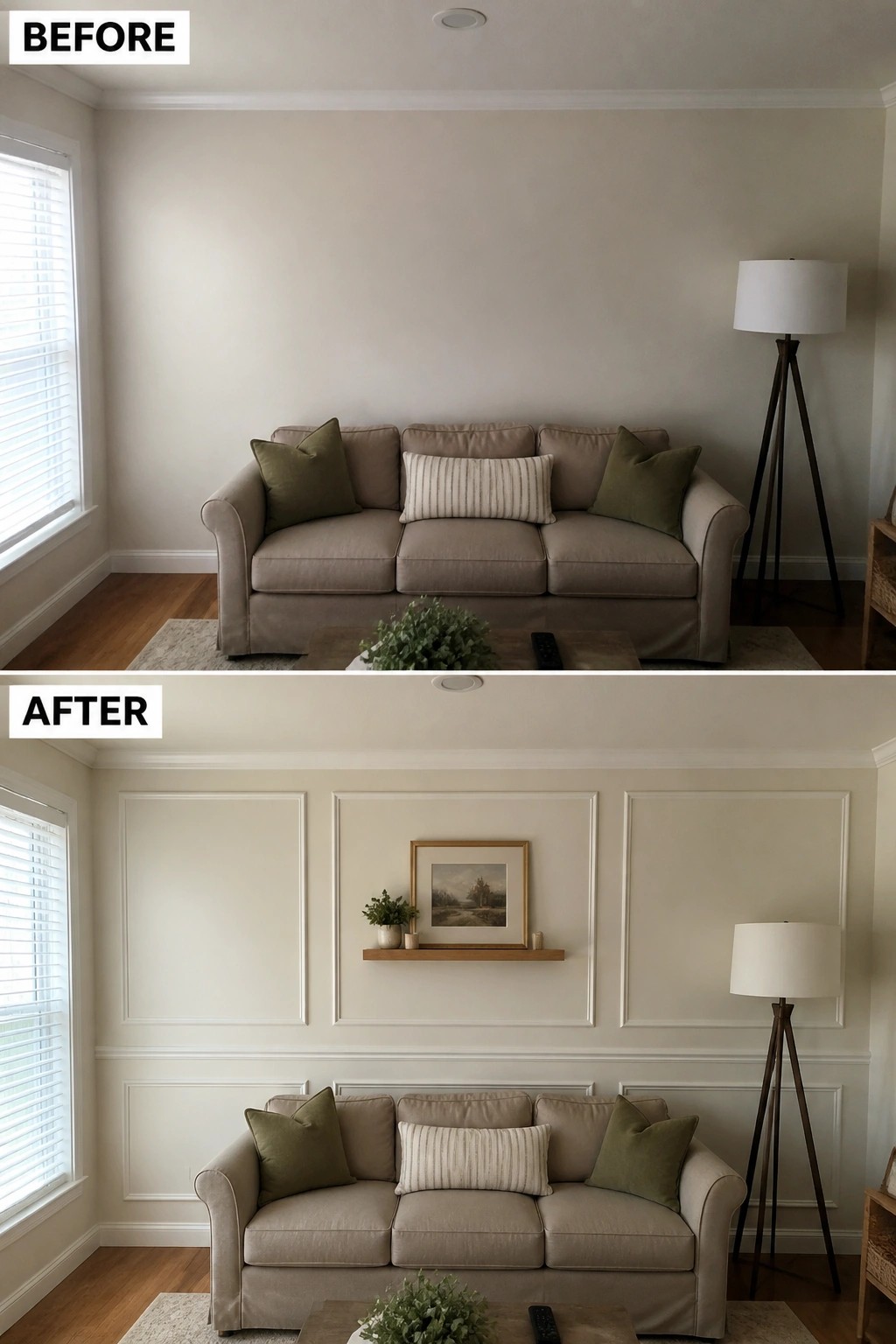 Before-and-after image of a living room showing plain walls updated with white picture frame molding and a small wall shelf.