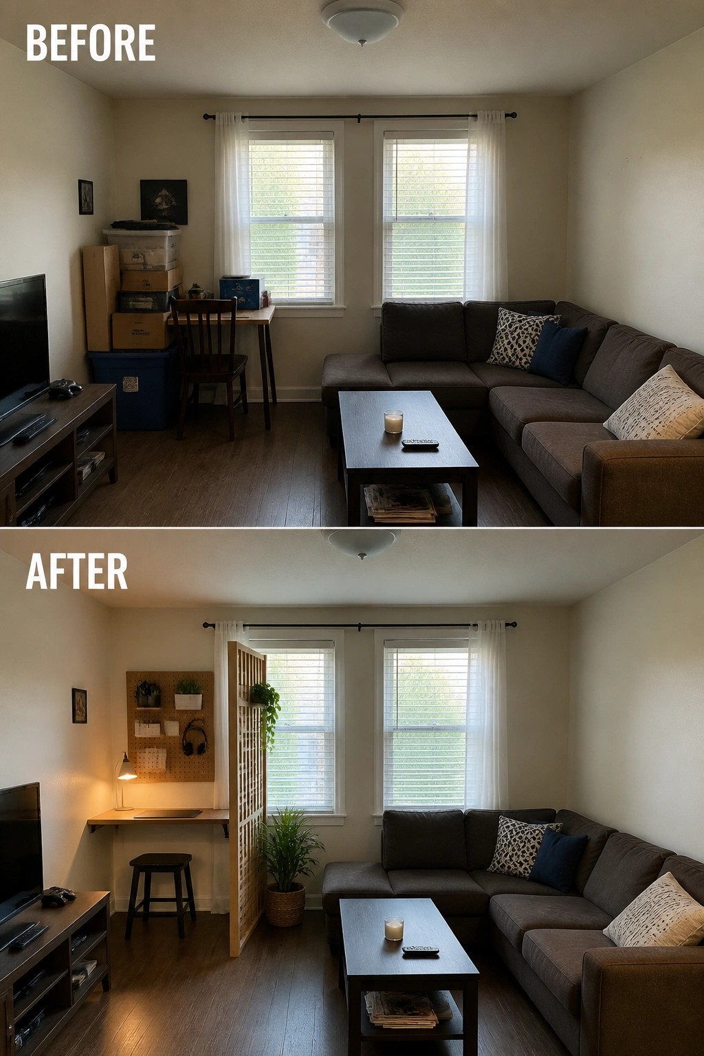 Before and after living room makeover with clutter removed and workspace added.