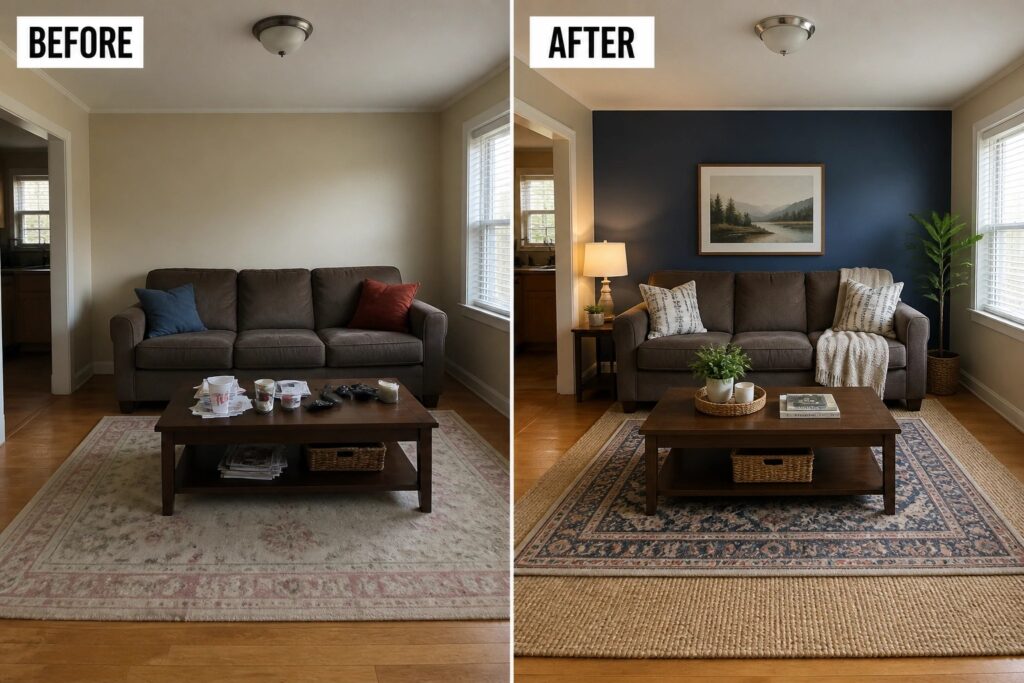23 Budget Living Room Makeover Ideas Without Replacing Major Furniture Before-and-after image of a living room with plain beige walls updated by adding a dark blue accent wall behind the sofa along with framed artwork.