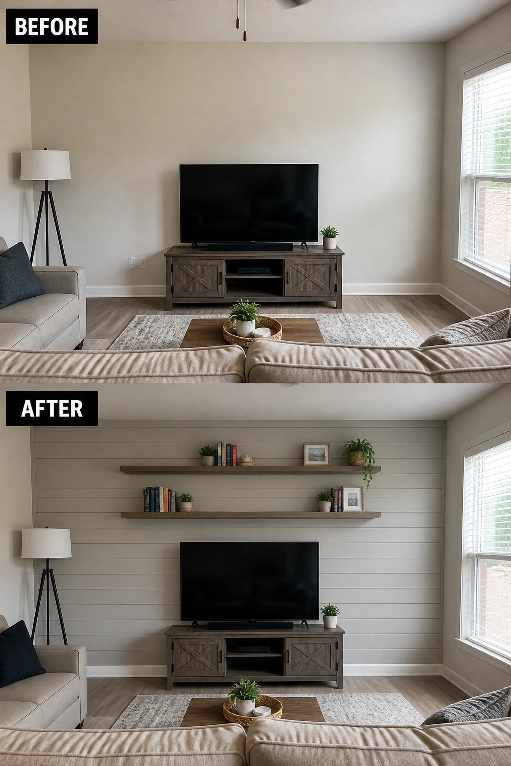 Living room before and after with added gray shiplap wall and floating shelves above TV.