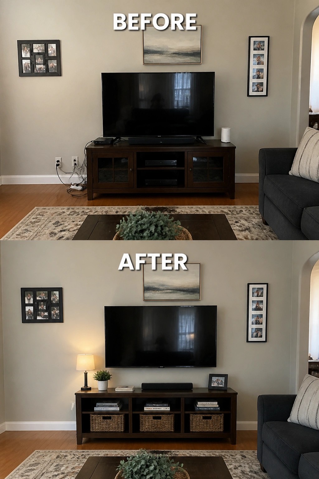 Before-and-after image of a living room TV console area updated with baskets, books, and a lamp for a cleaner look.