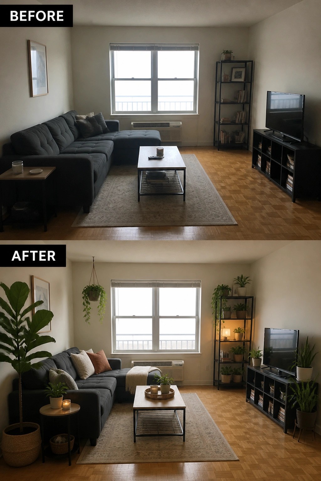 Before-and-after image of a neutral living room updated with added plants, pillows, lamps, and hanging greenery.