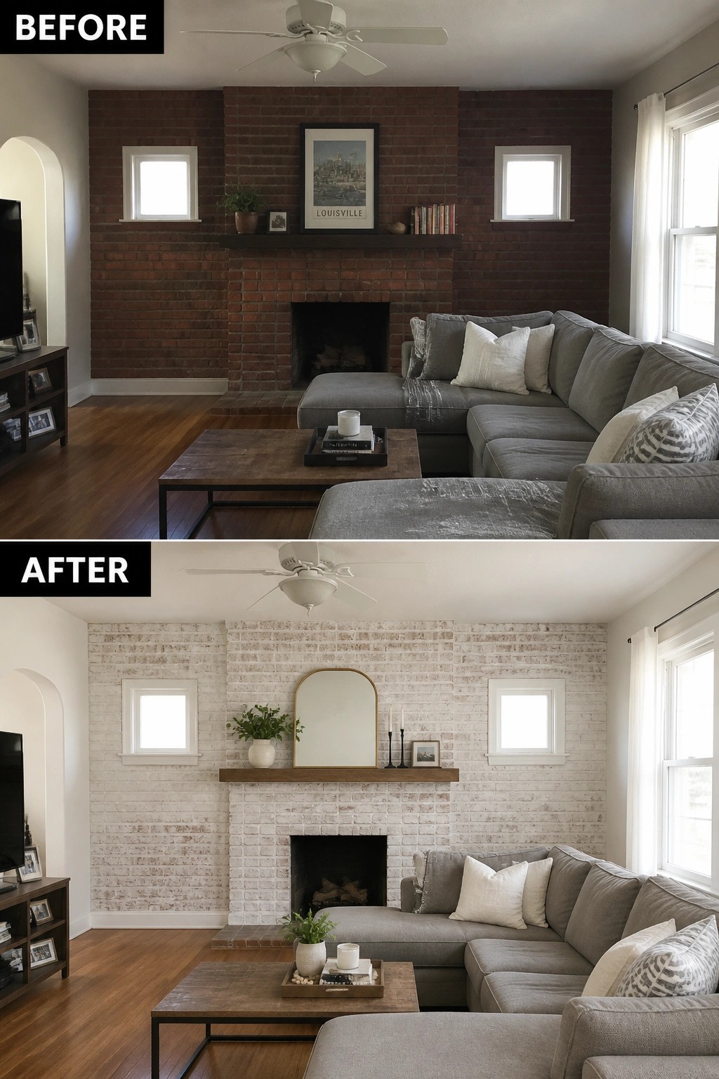 Before and after living room with whitewashed brick fireplace and gray sofa.