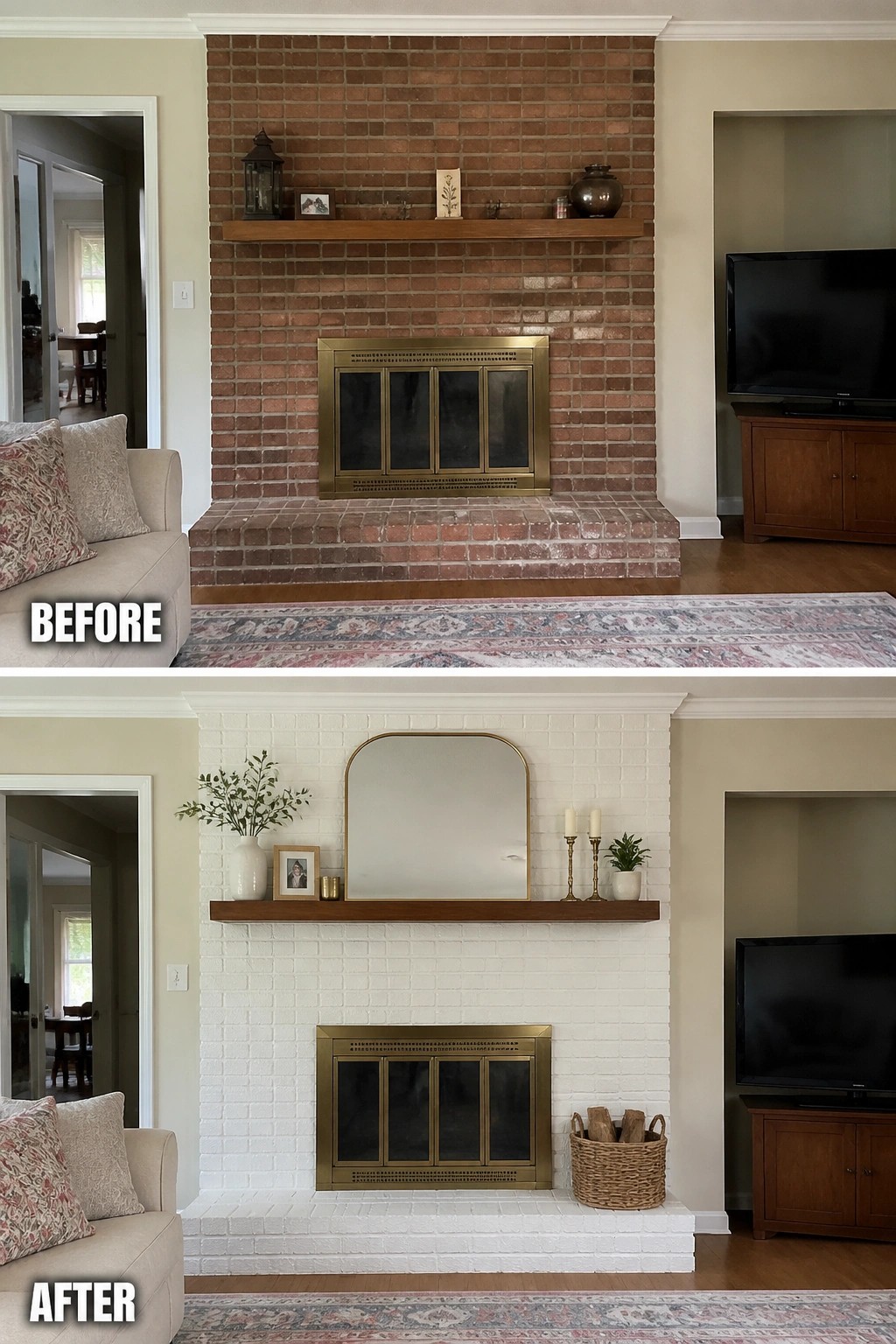 Before-and-after image of a living room fireplace where red brick was painted white and the mantel was restyled.