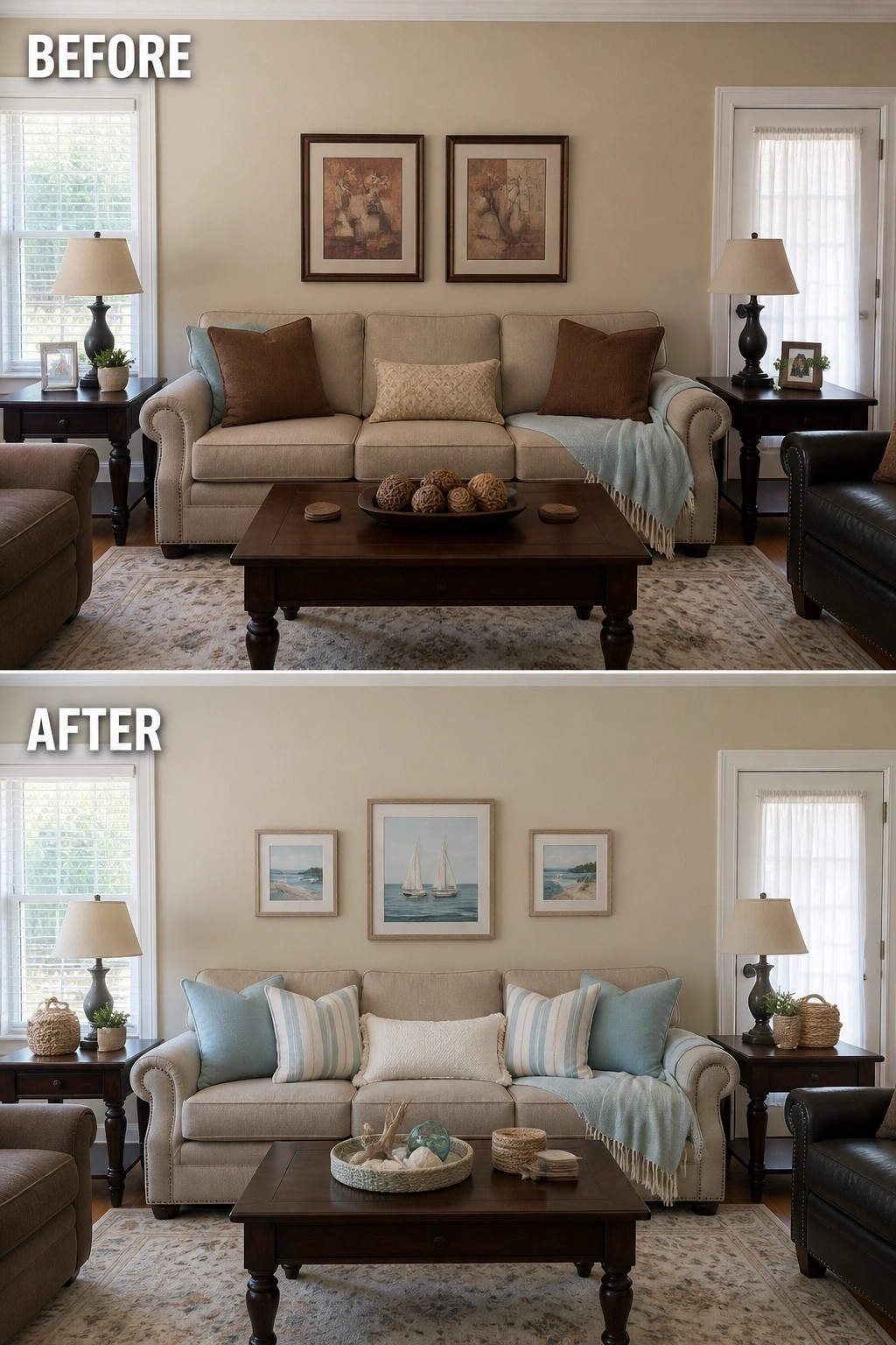 Before-and-after image of a living room refreshed with lighter blue pillows, striped cushions, coastal wall art, and updated accessories on the coffee table and side tables.