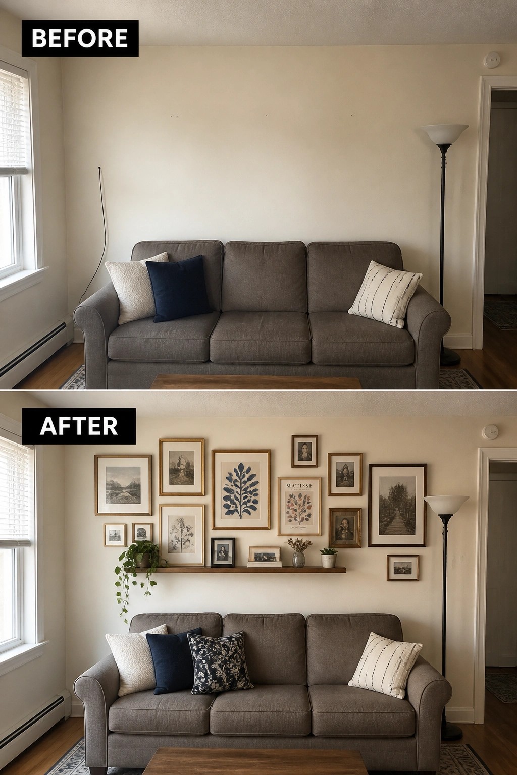 Before and after of gray sofa with added gallery wall of framed art and shelf.