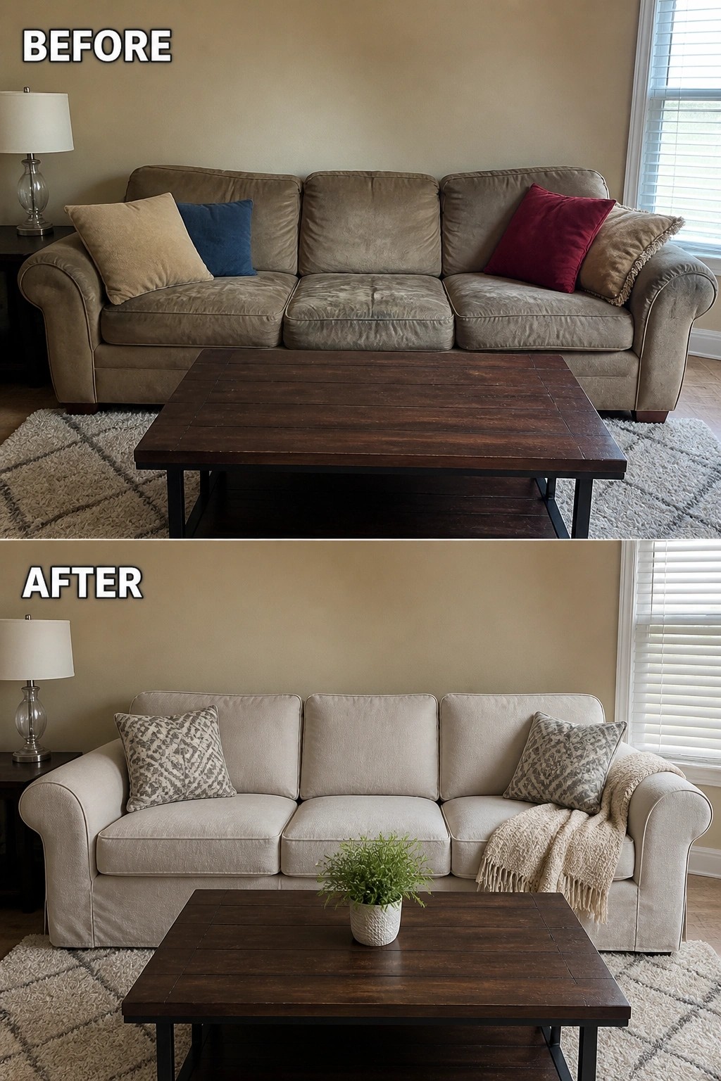 Before and after of brown sofa updated to light beige with new pillows and plant.