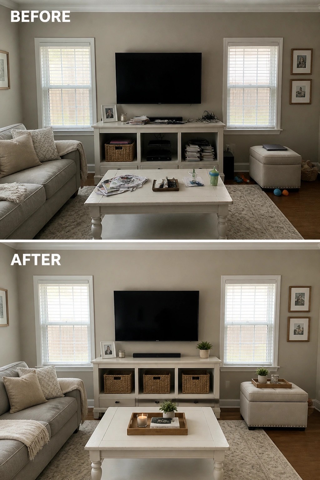 Before-and-after image of a living room where surfaces were cleared and open shelves were organized with matching woven baskets.