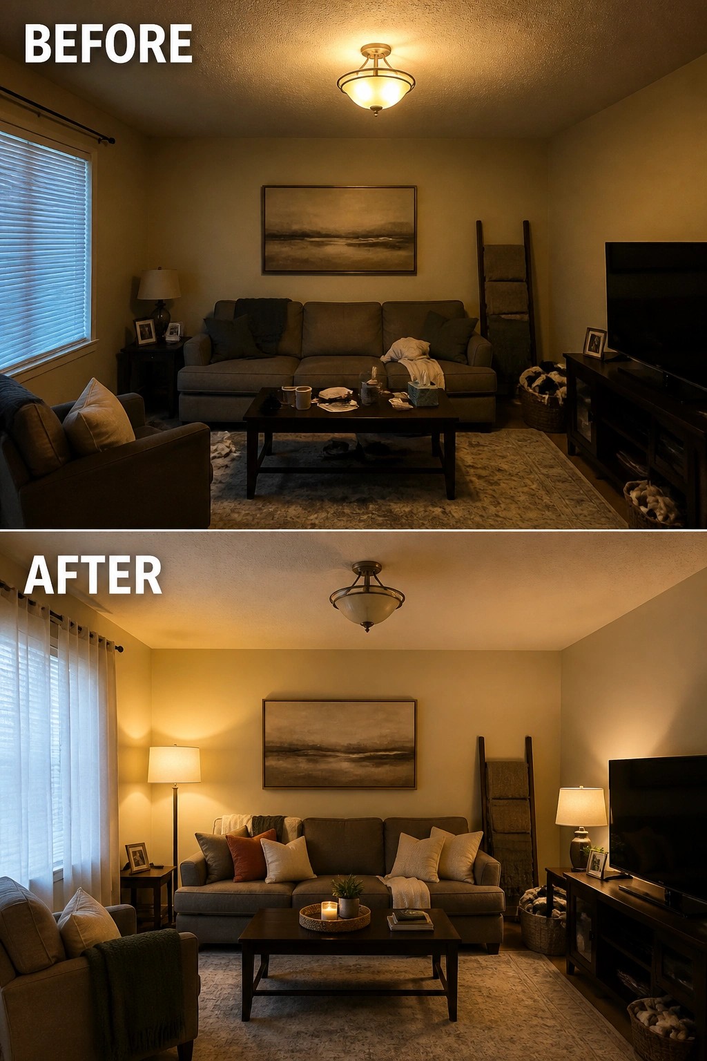 Before and after living room with updated lighting, pillows and decor