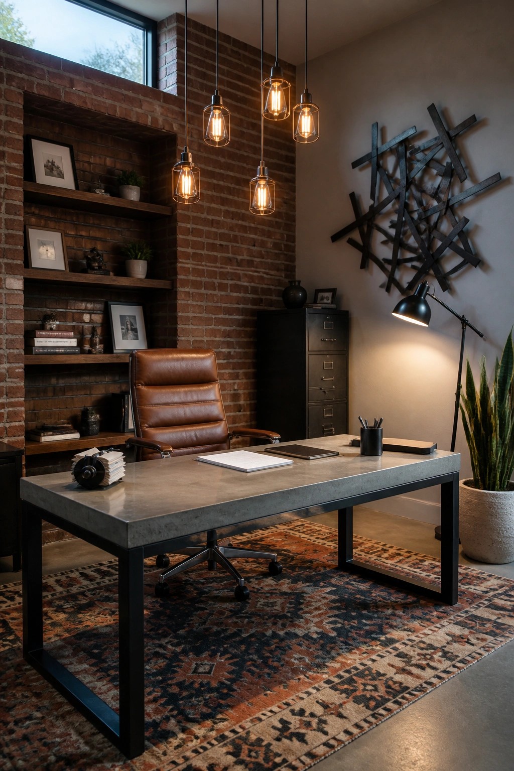 A modern home office with a large gray concrete desk on a black metal frame, a brown leather office chair, exposed brick walls, hanging pendant lights, and a patterned rug.