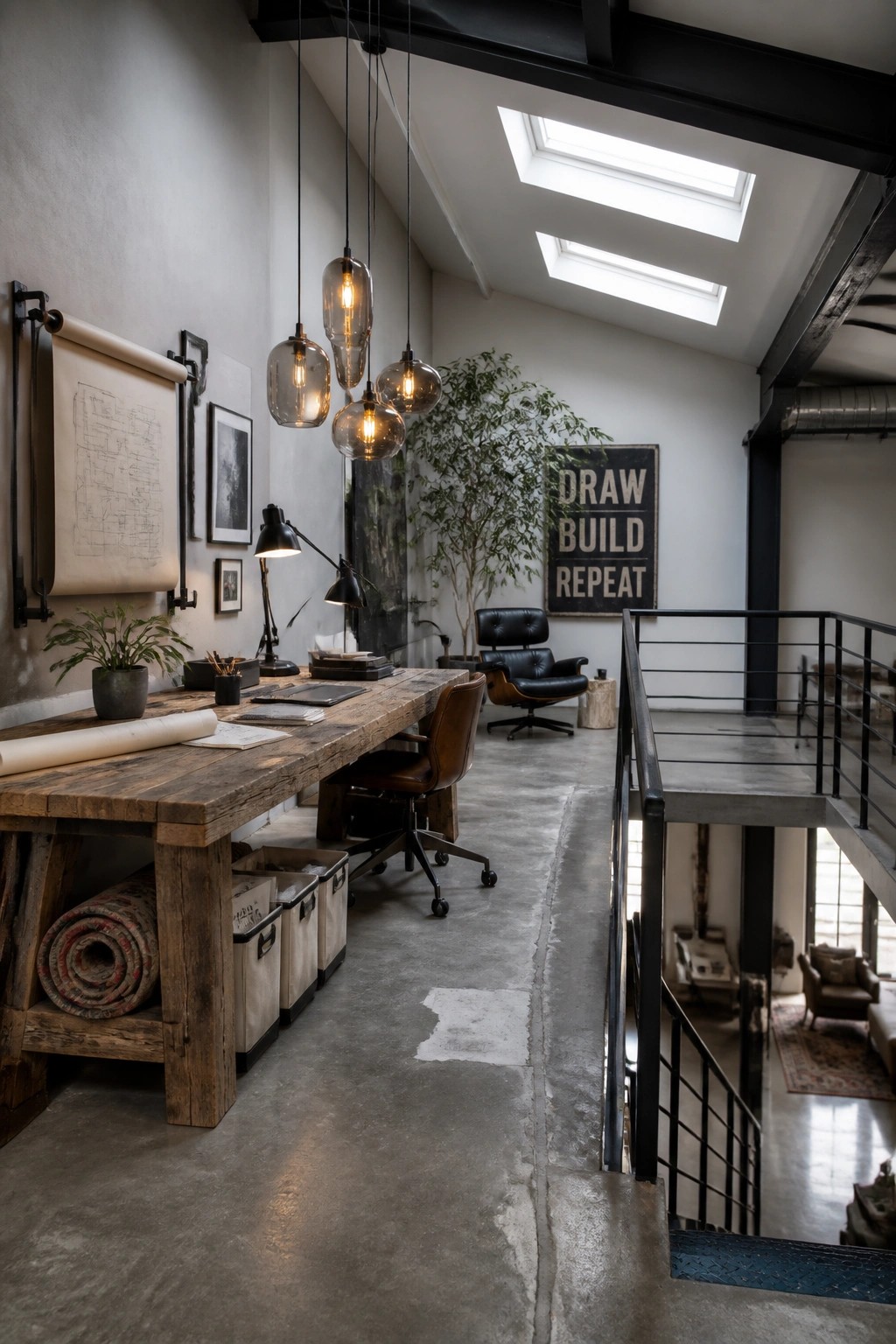 A large wooden desk with storage bins underneath sits in an industrial-style home office with hanging pendant lights and a concrete floor.