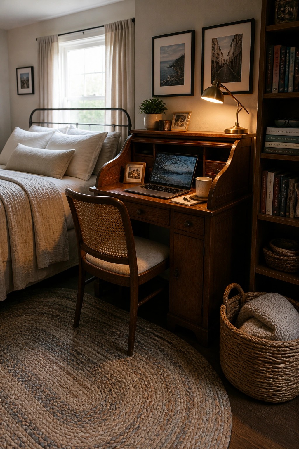 Cozy bedroom with wooden roll-top desk, laptop, cane chair, and round jute rug.