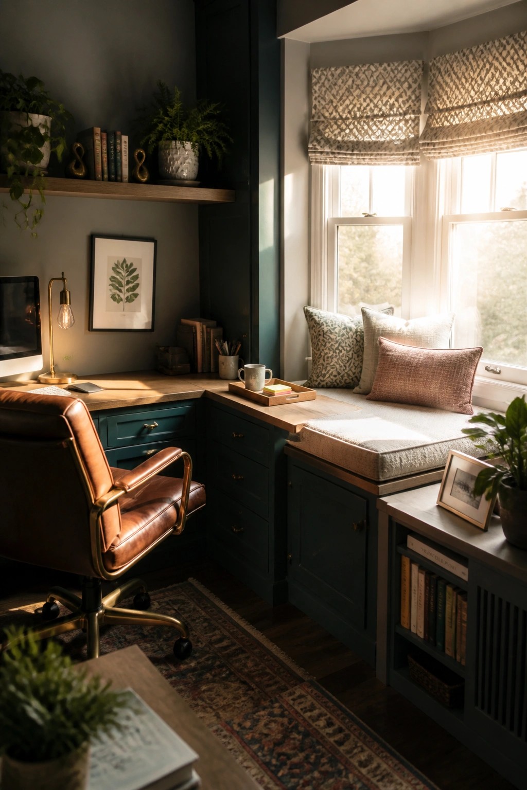 A home office corner with a wooden desk, brown leather chair, built-in teal cabinetry, and a cushioned window seat with pillows under two windows.