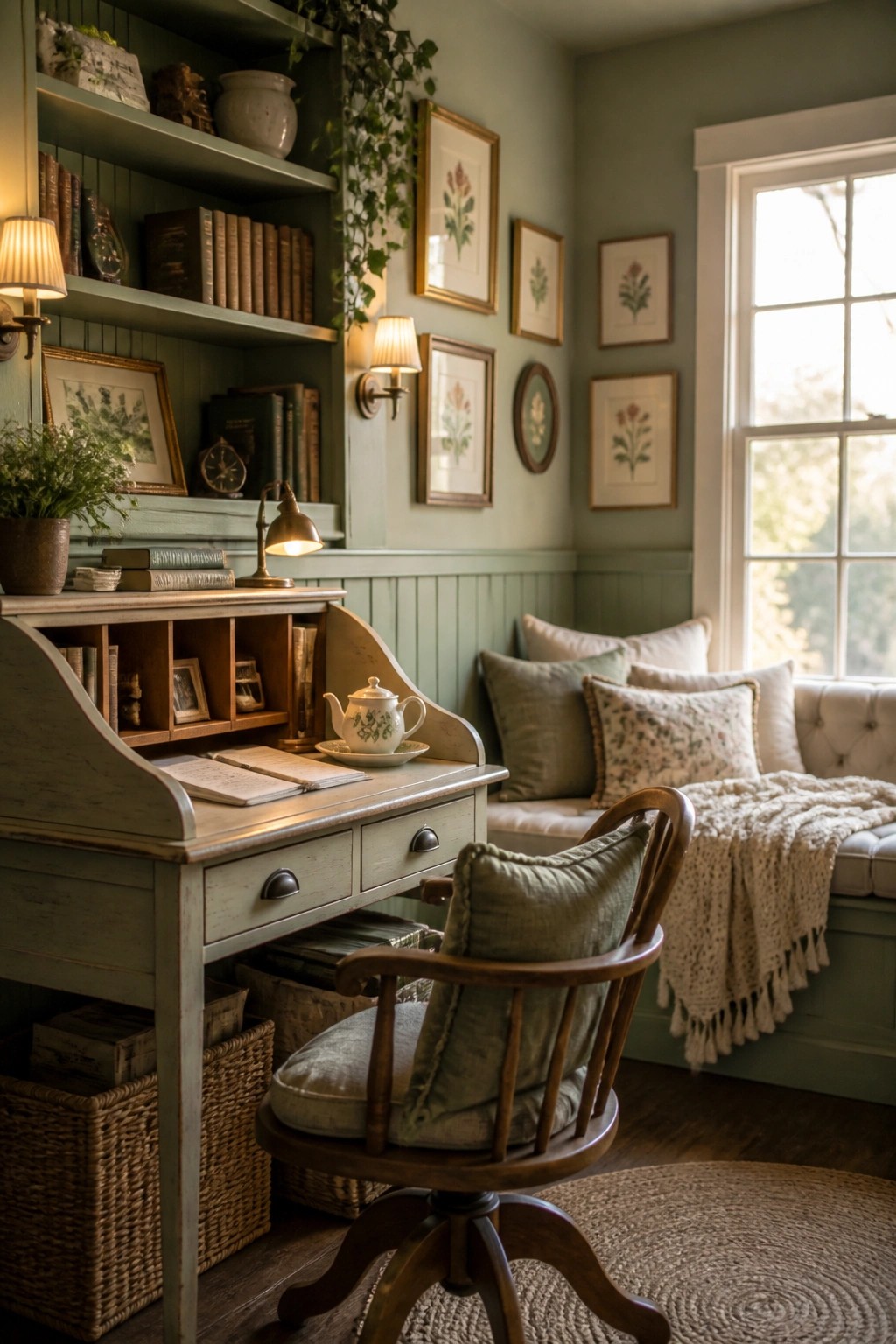 A home office featuring a wooden desk with open shelves, a wooden swivel chair, and a cushioned window seat with pillows beneath a large window.