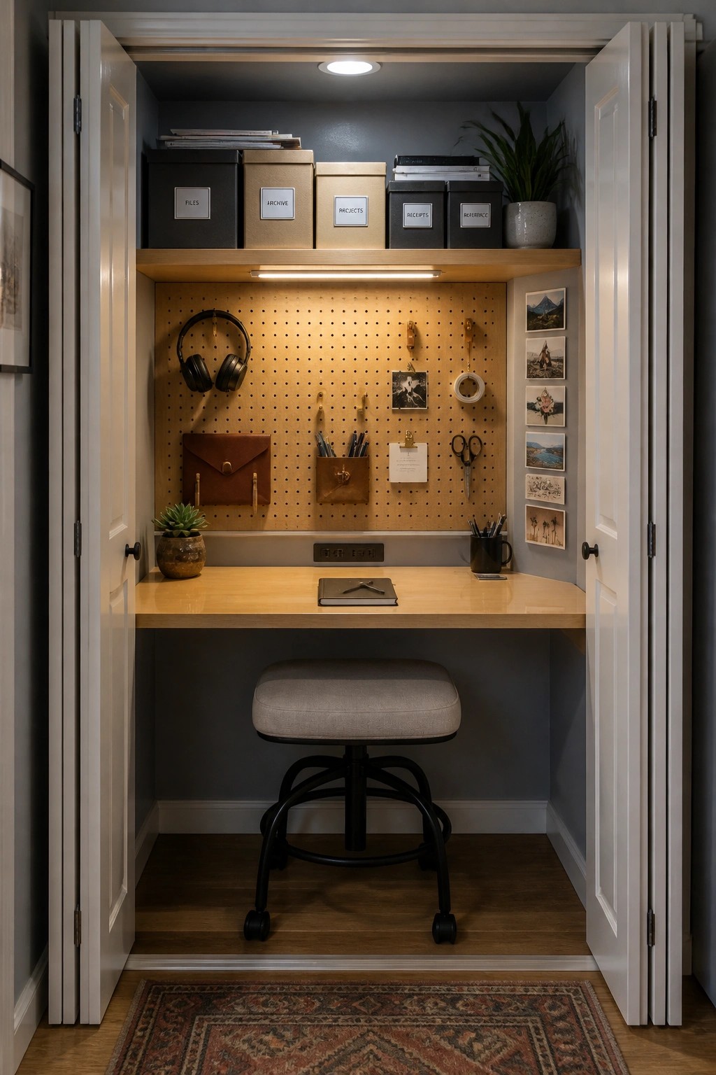 A small home office built inside an open closet with a wooden desk, pegboard wall, storage boxes on a shelf above, and a rolling stool on a rug.