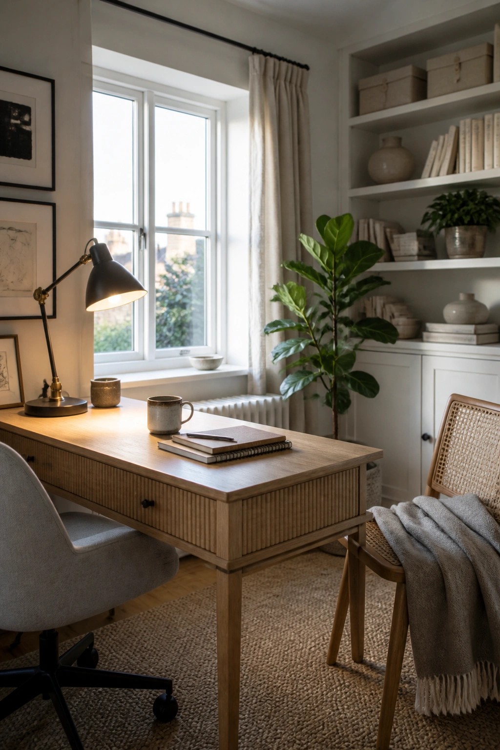 A wooden desk with a lit black desk lamp sits directly in front of a large window, paired with a gray office chair and a large potted plant to the side.