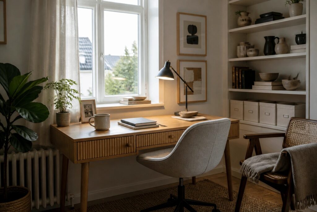 23 Comfortable Home Office Ideas for Full Workdays A wooden desk with a lit black desk lamp sits directly in front of a large window, paired with a gray office chair and a large potted plant to the side.