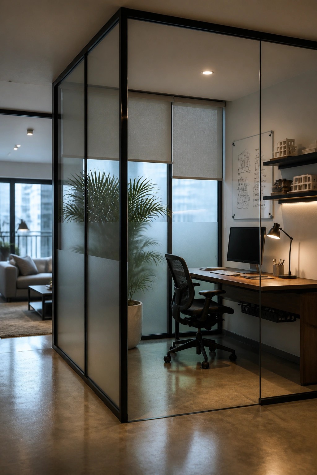 Modern glass office with wooden desk, black chair, monitor, plant, and sketches.