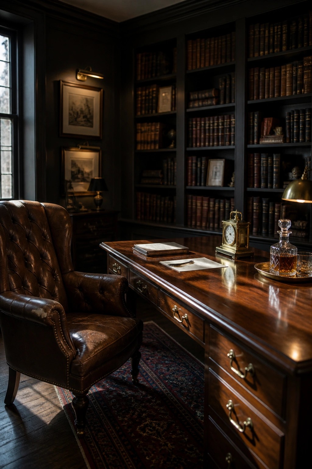 A brown tufted leather armchair sits beside a dark wood desk in a room lined with built-in bookshelves.