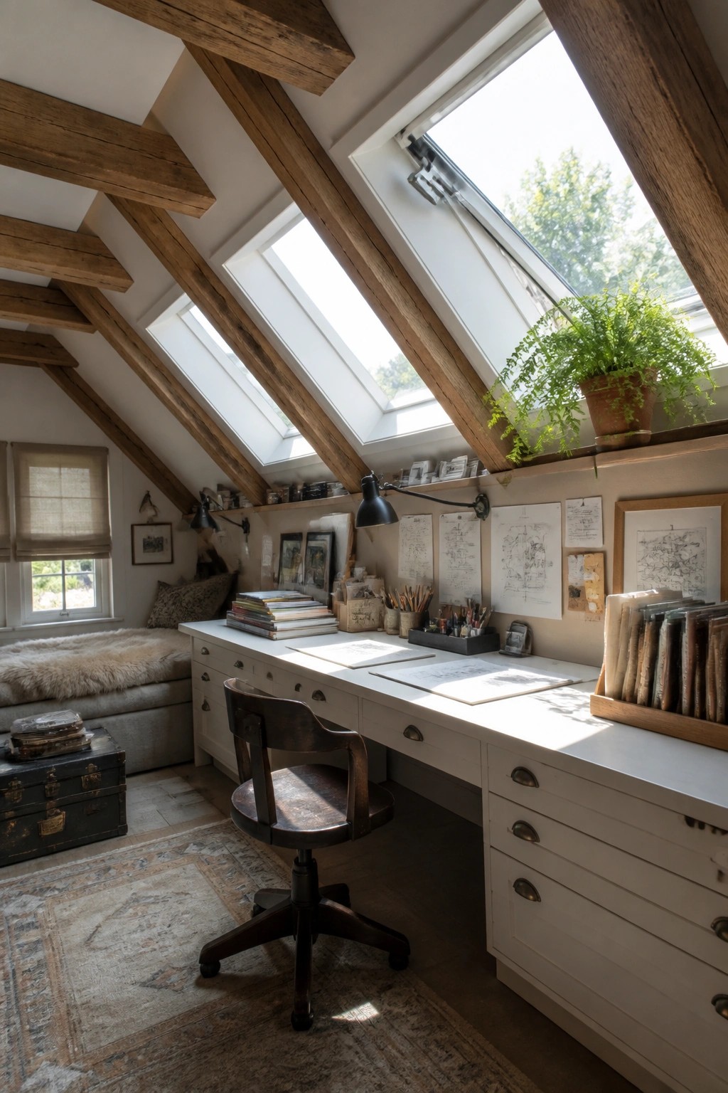 An attic home office with a long white built-in desk under multiple skylights, a dark wooden swivel chair, and various office supplies on the desk surface.