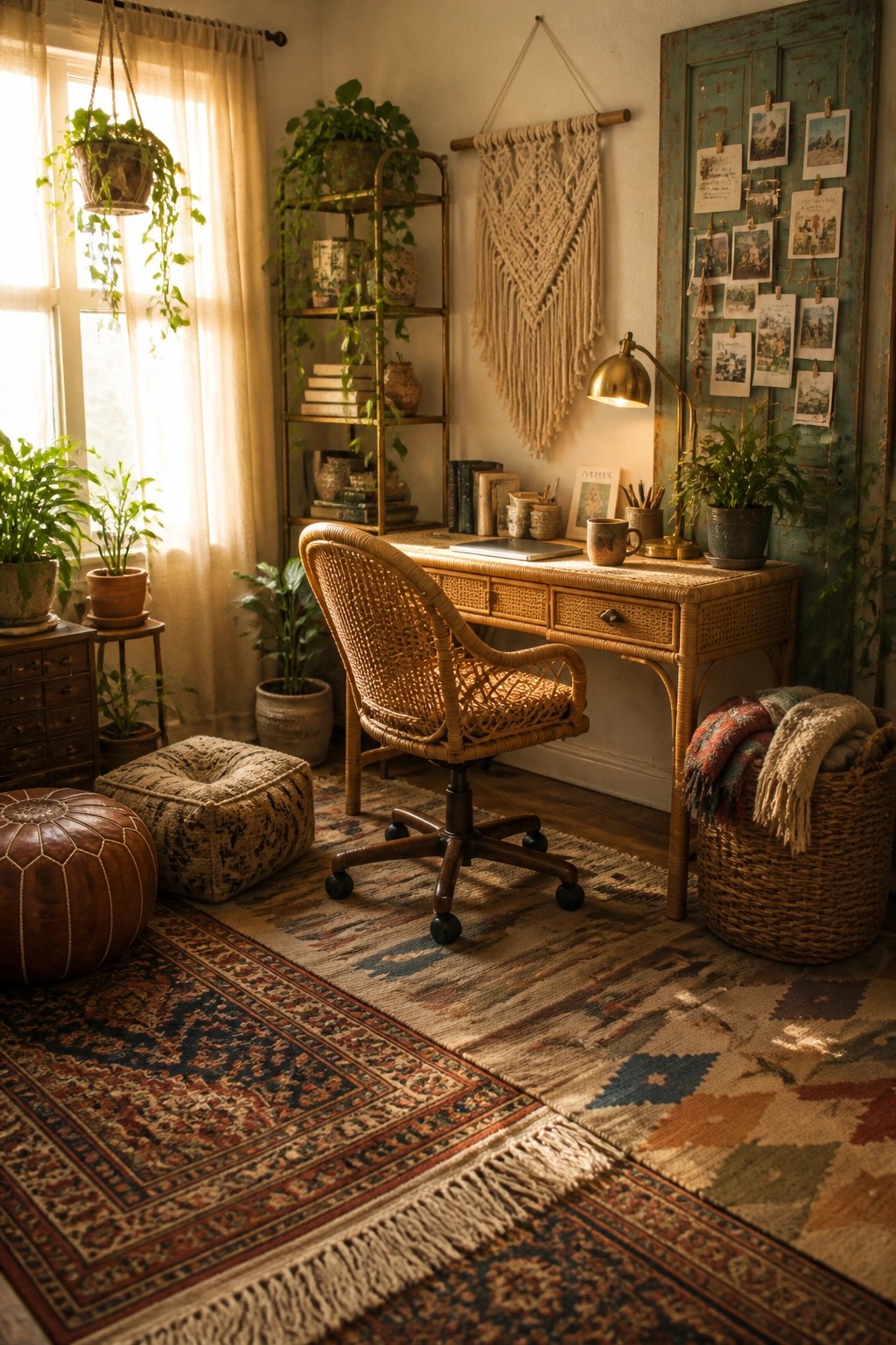Cozy bohemian home office with wicker chair, wooden desk, plants, macrame, and sunlit rugs.