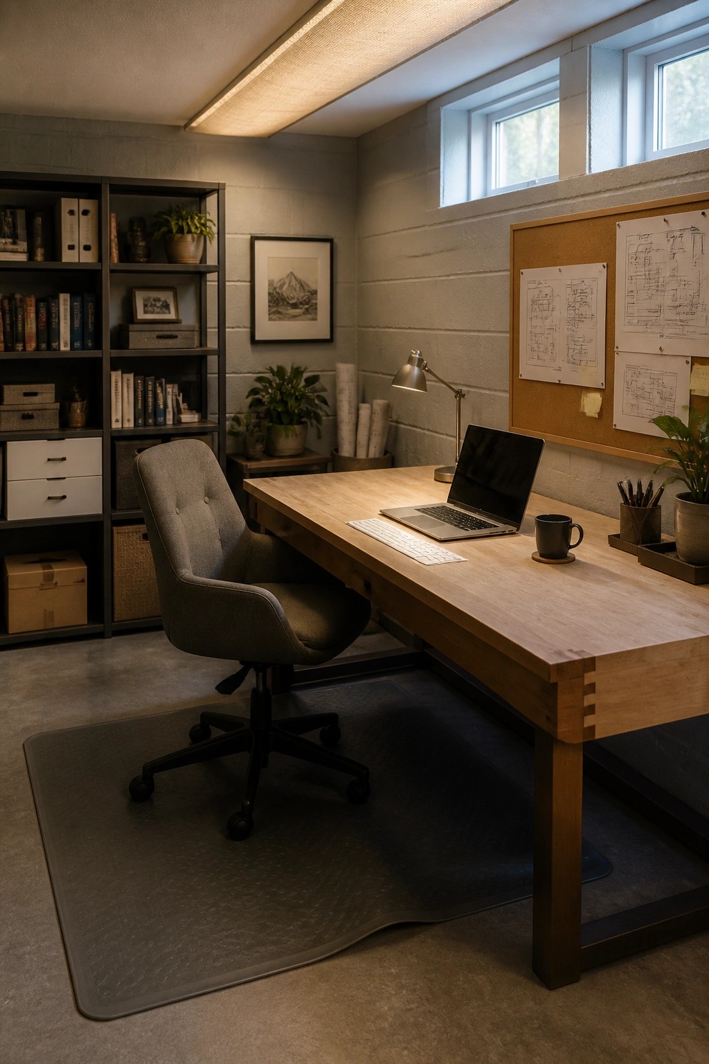 A home office featuring a large wooden desk with a laptop, keyboard, desk lamp, and gray upholstered office chair resting on a dark floor mat, with a corkboard on the wall behind the desk.