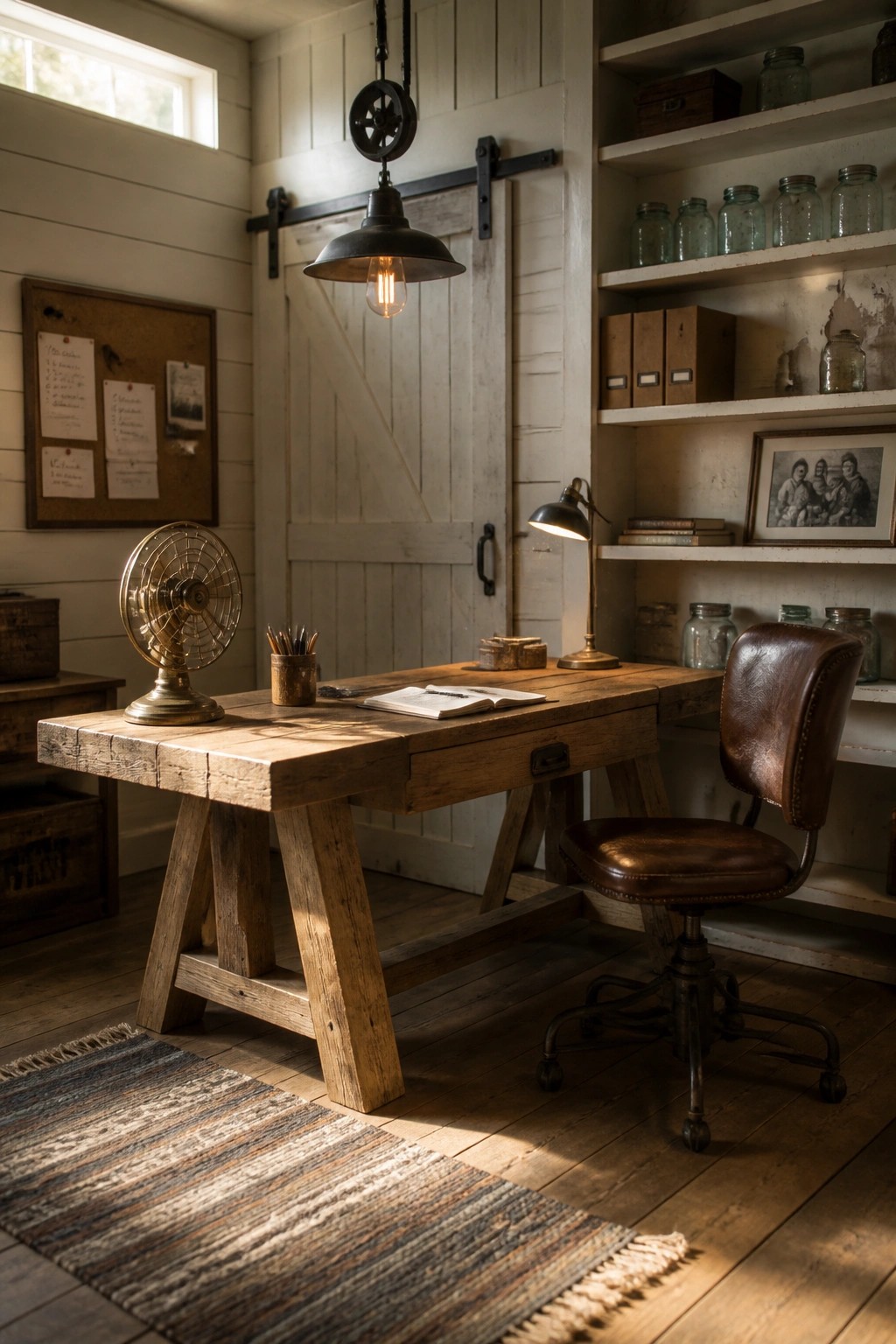A wooden desk with a brown leather swivel chair sits in a rustic home office with open shelves and a hanging industrial light.