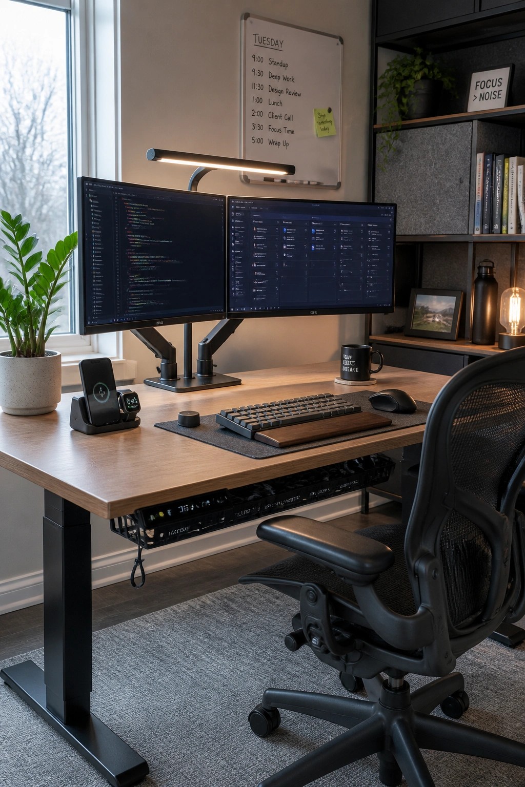 Modern wooden desk with dual monitors, ergonomic chair, keyboard, and whiteboard schedule.