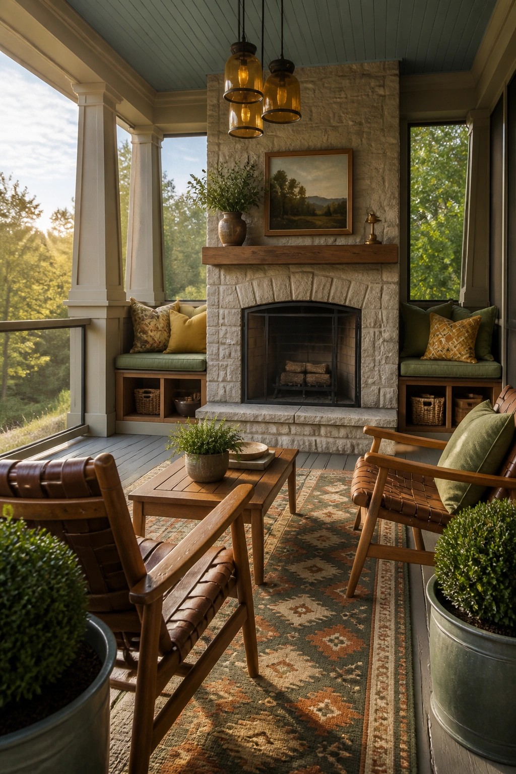 A screened porch with a large stone fireplace, wooden mantel, built-in cushioned benches on either side, two wooden armchairs, a coffee table, and a patterned rug.