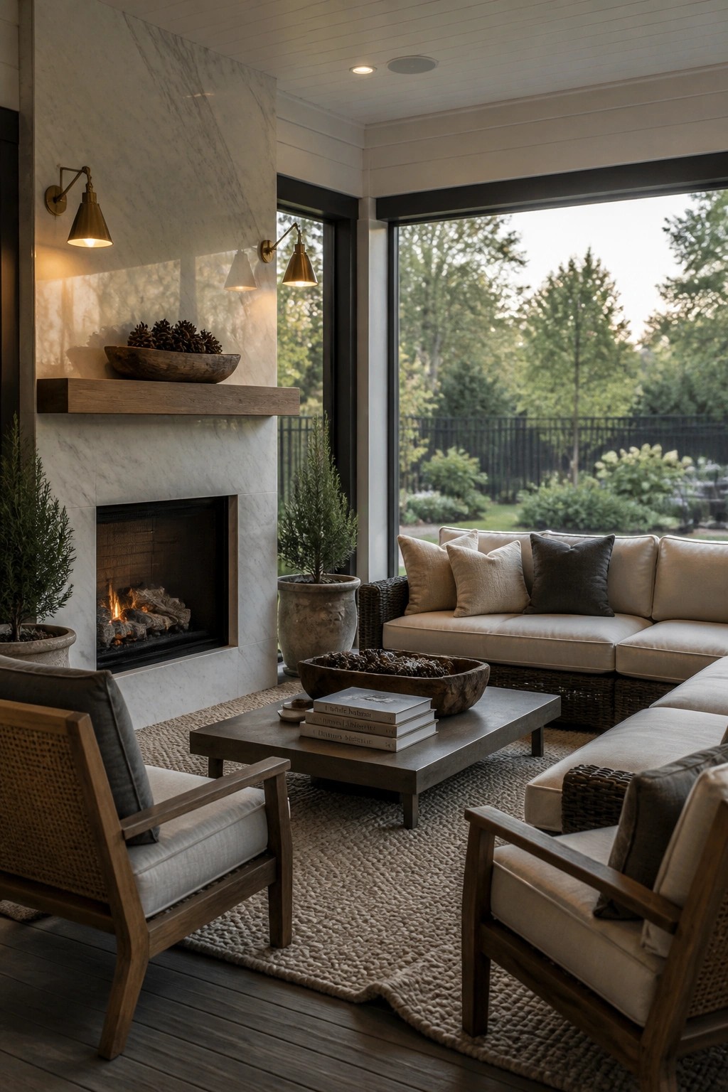 Cozy living room with marble fireplace, beige sofas, wooden armchairs, and garden-view windows.
