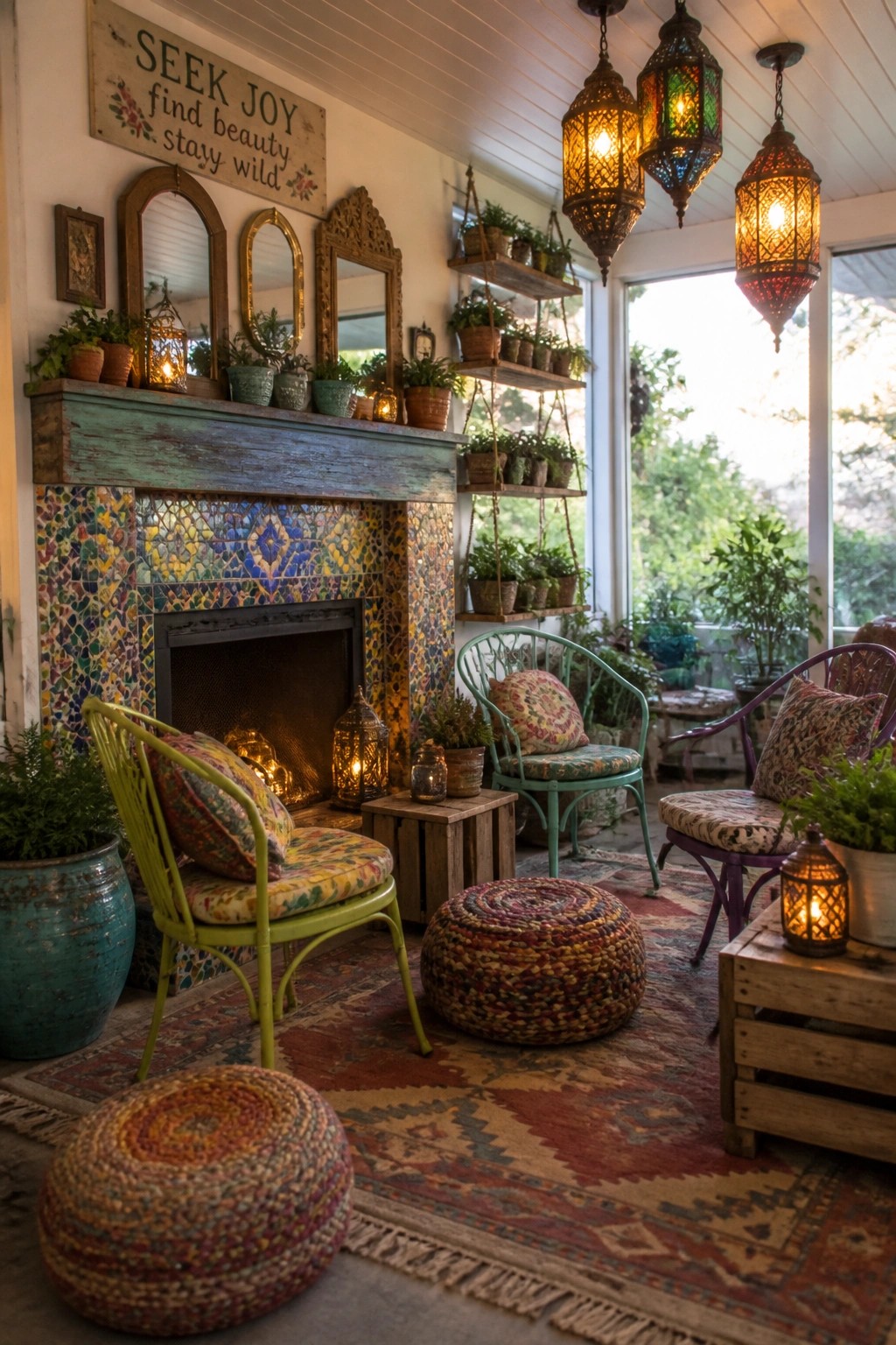 A screened porch with a colorful mosaic tile fireplace, green metal chairs, woven poufs, hanging lanterns, and potted plants arranged on patterned rugs.