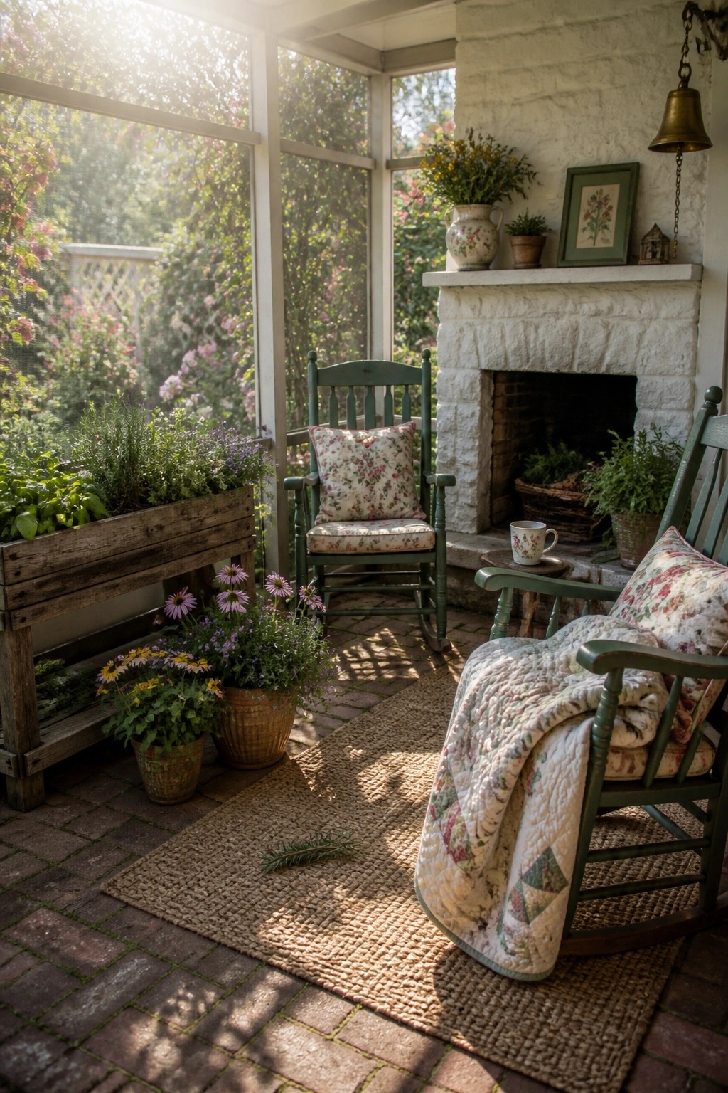 A screened porch with a white brick fireplace, two green rocking chairs, one draped with a quilt, potted plants, and a brick floor.