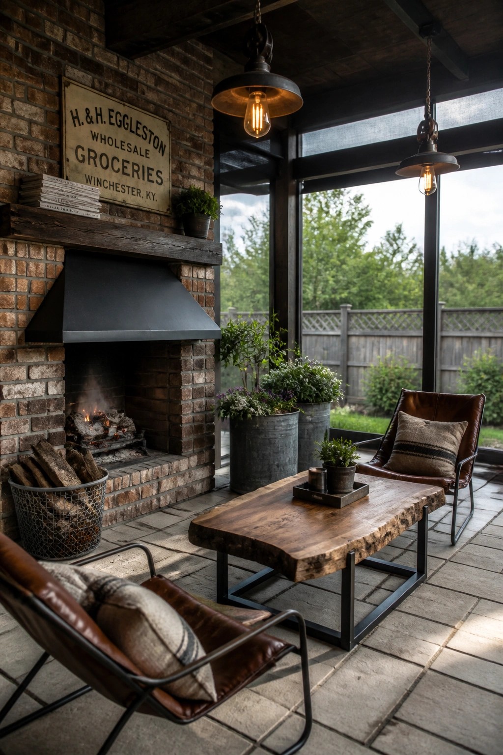 A screened porch featuring a brick fireplace with a fire burning, leather armchairs, a live edge wood table, and hanging industrial lights.