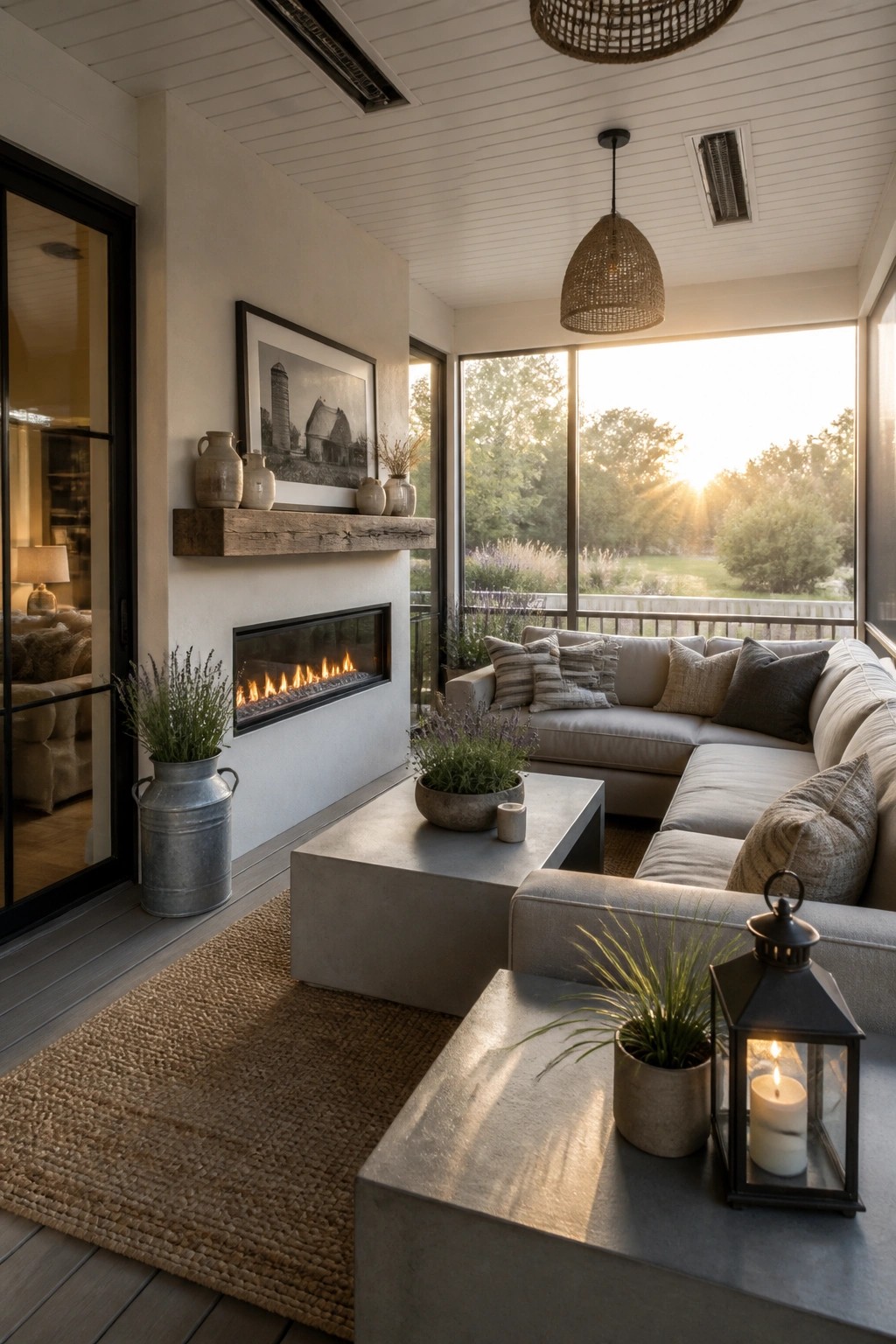 A screened porch with a built-in linear fireplace, large sectional sofa, concrete coffee tables, and woven rug, opening to a rural landscape at sunset.