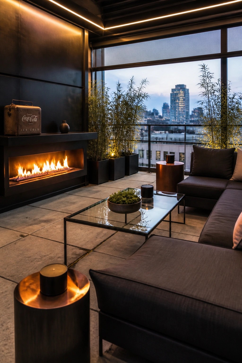 An outdoor balcony features a linear fireplace recessed into a dark wall beside dark sectional seating and a glass coffee table with a city view beyond.