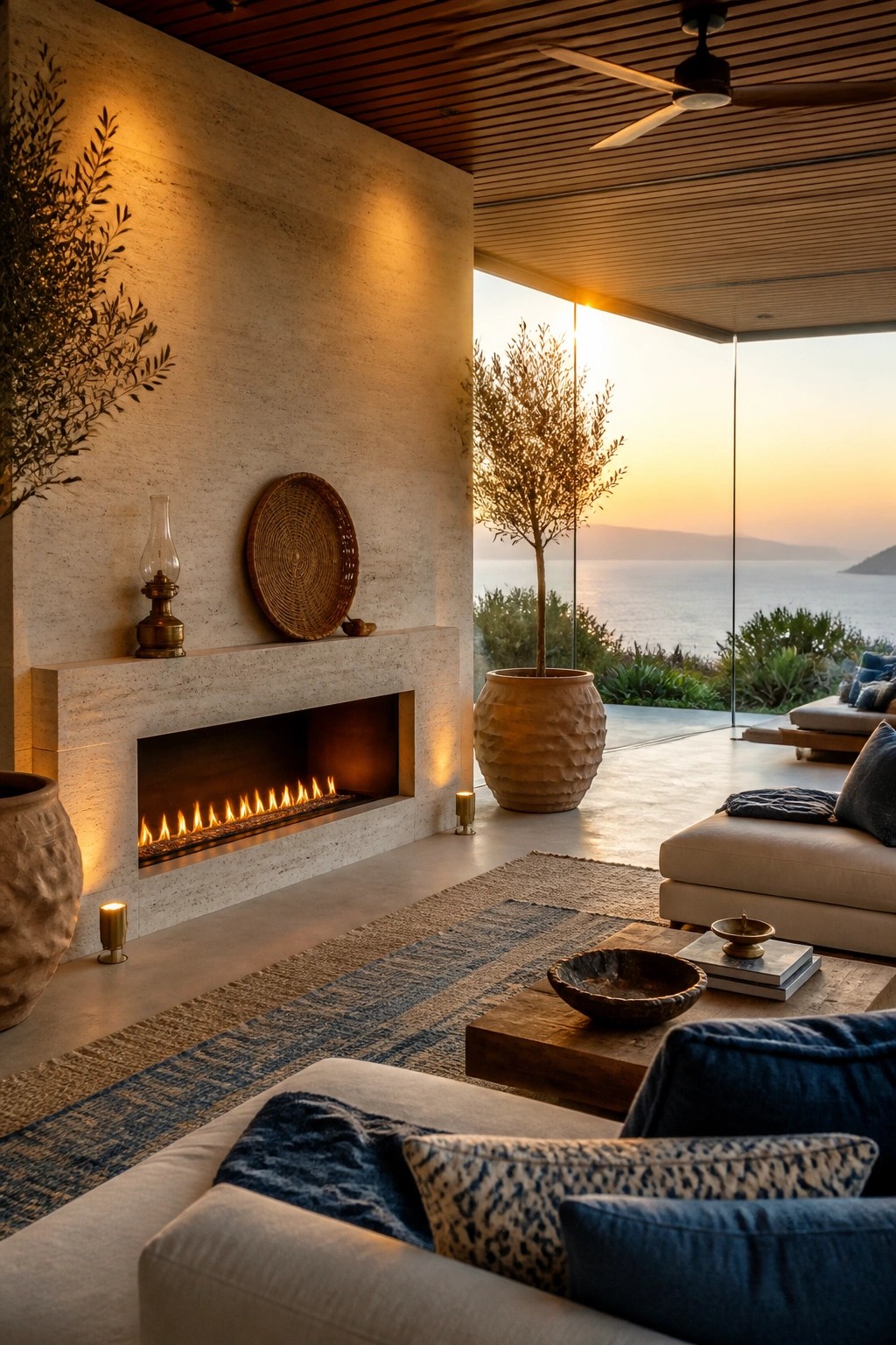 A modern living room with a linear fireplace built into a light stone wall and large glass doors opening to the ocean.