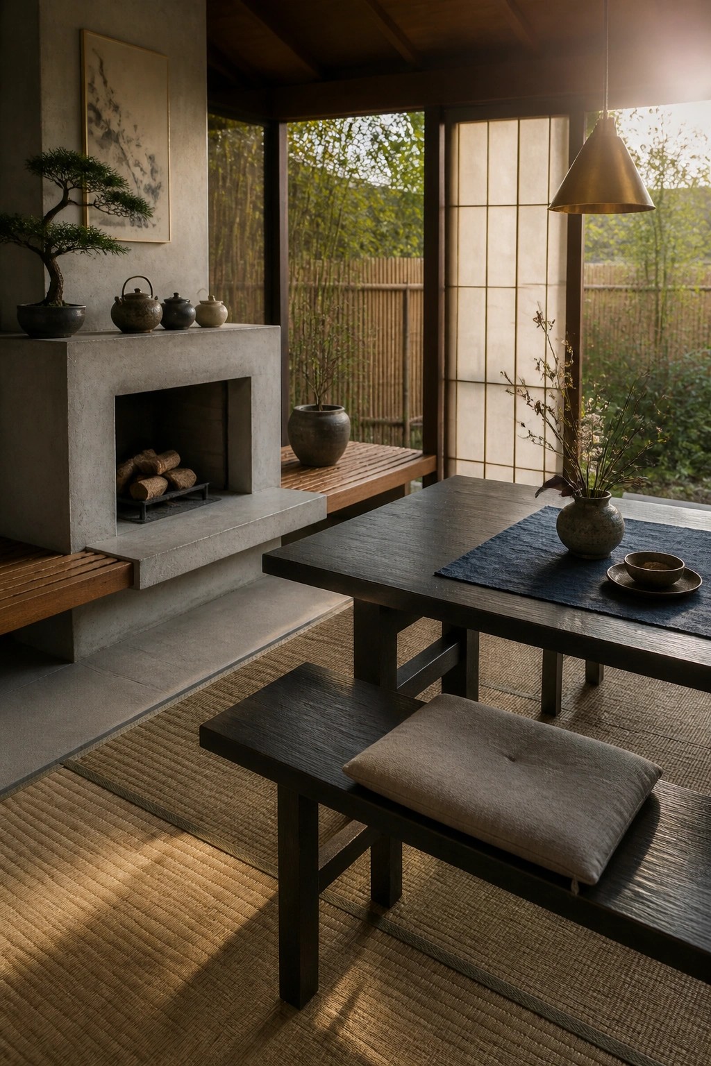 A screened porch with a concrete fireplace holding stacked wood, a dark wood table and bench on tatami mats, shoji screens, and a bonsai on the mantel overlooking a garden.