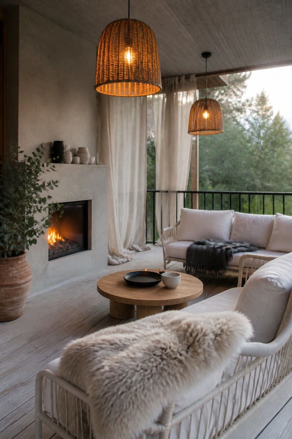 A screened porch features a concrete fireplace with burning fire, round wooden coffee table, white cushioned sofas with fur throws, woven pendant lights, and a view of trees beyond the railing.