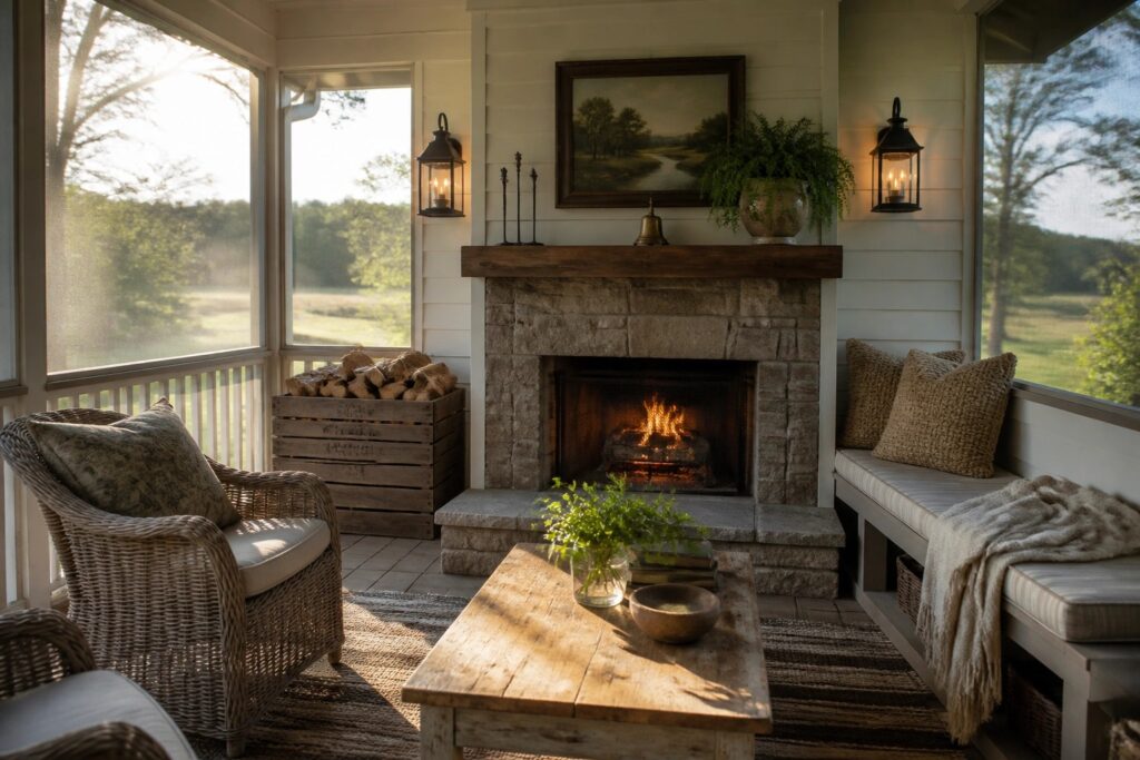 A screened porch with a large stone fireplace, stacked firewood in a wooden crate, wicker seating, a wooden coffee table, and large windows overlooking trees and fields.