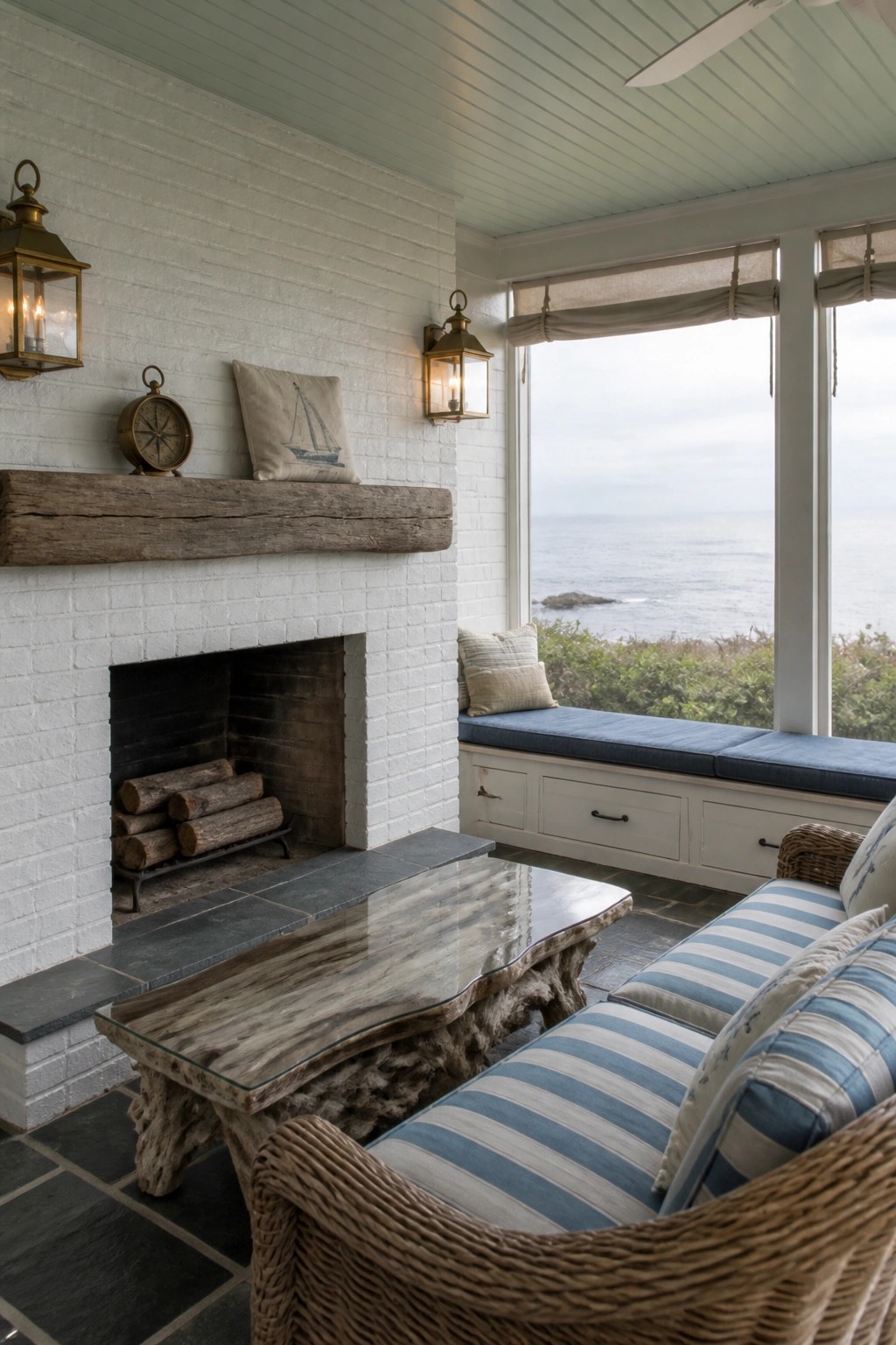 A screened porch featuring a white brick fireplace with a rustic wood mantel, a blue cushioned window bench, and wicker seating with striped pillows.